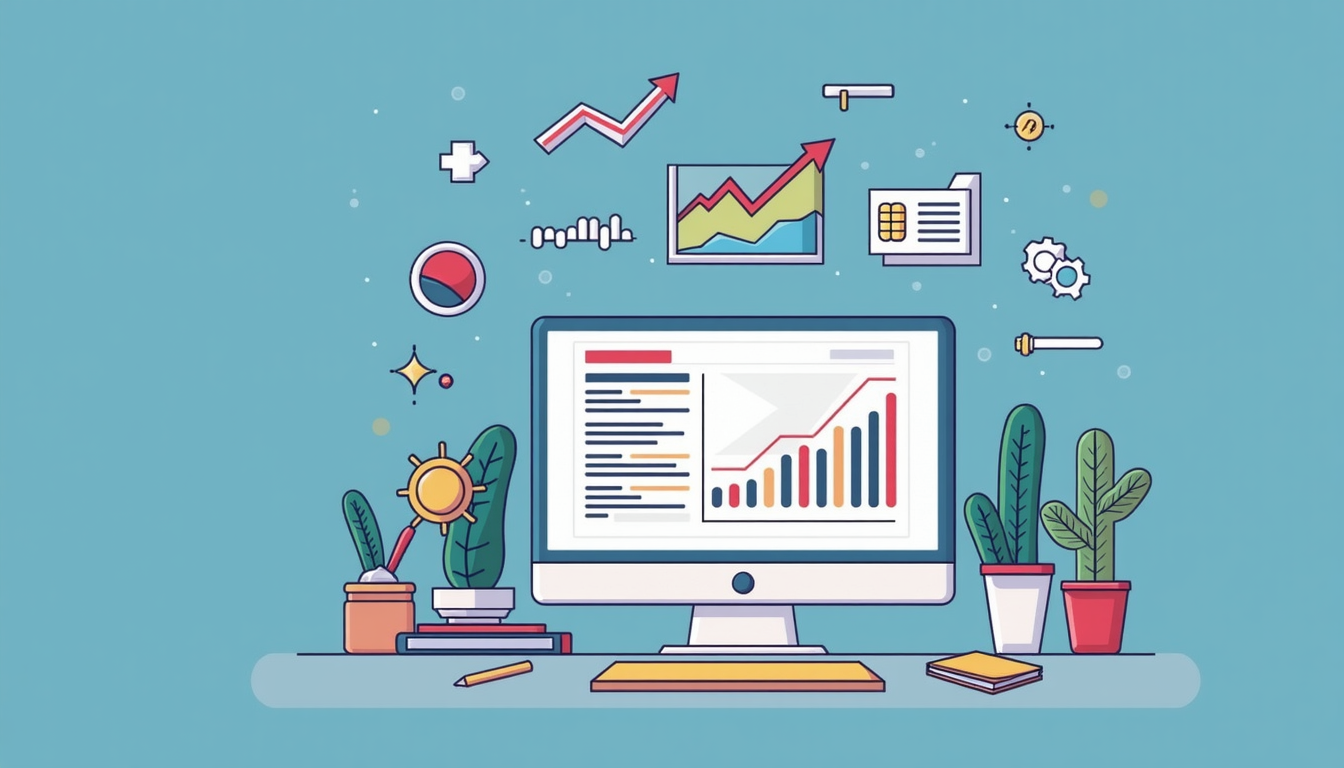 Ilustrație cu elemente de promovare site în Google și succes online