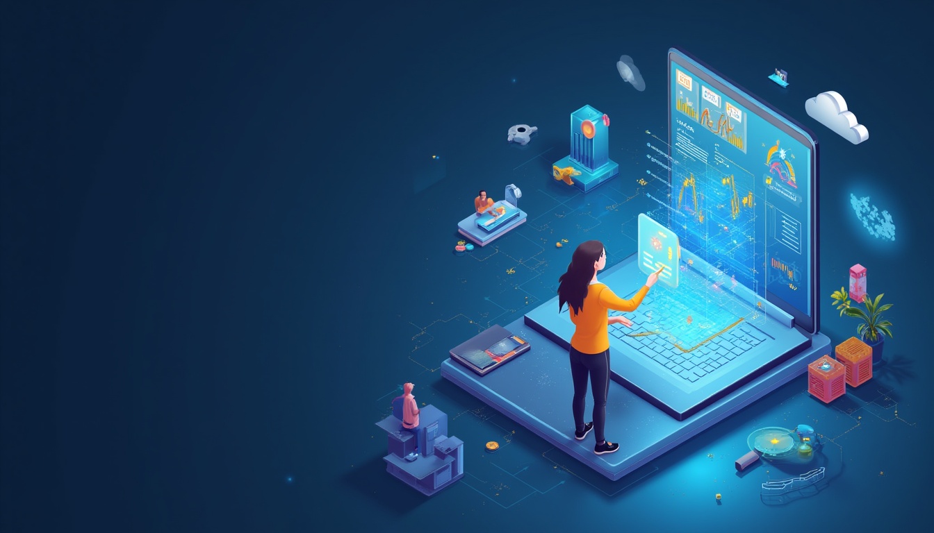 Ilustrație digitală cu elemente de web design și procesul de creare site